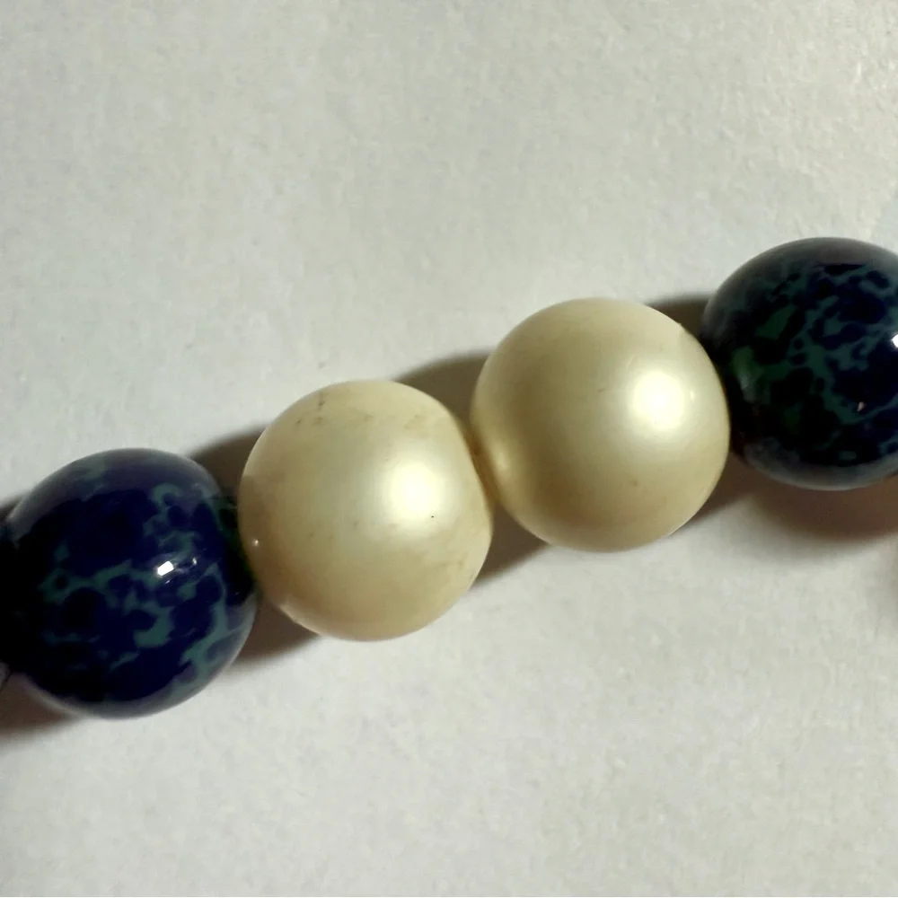 Vintage 1960’s Art Deco Style Art Glass & Faux Pearl Beaded Necklace 22”